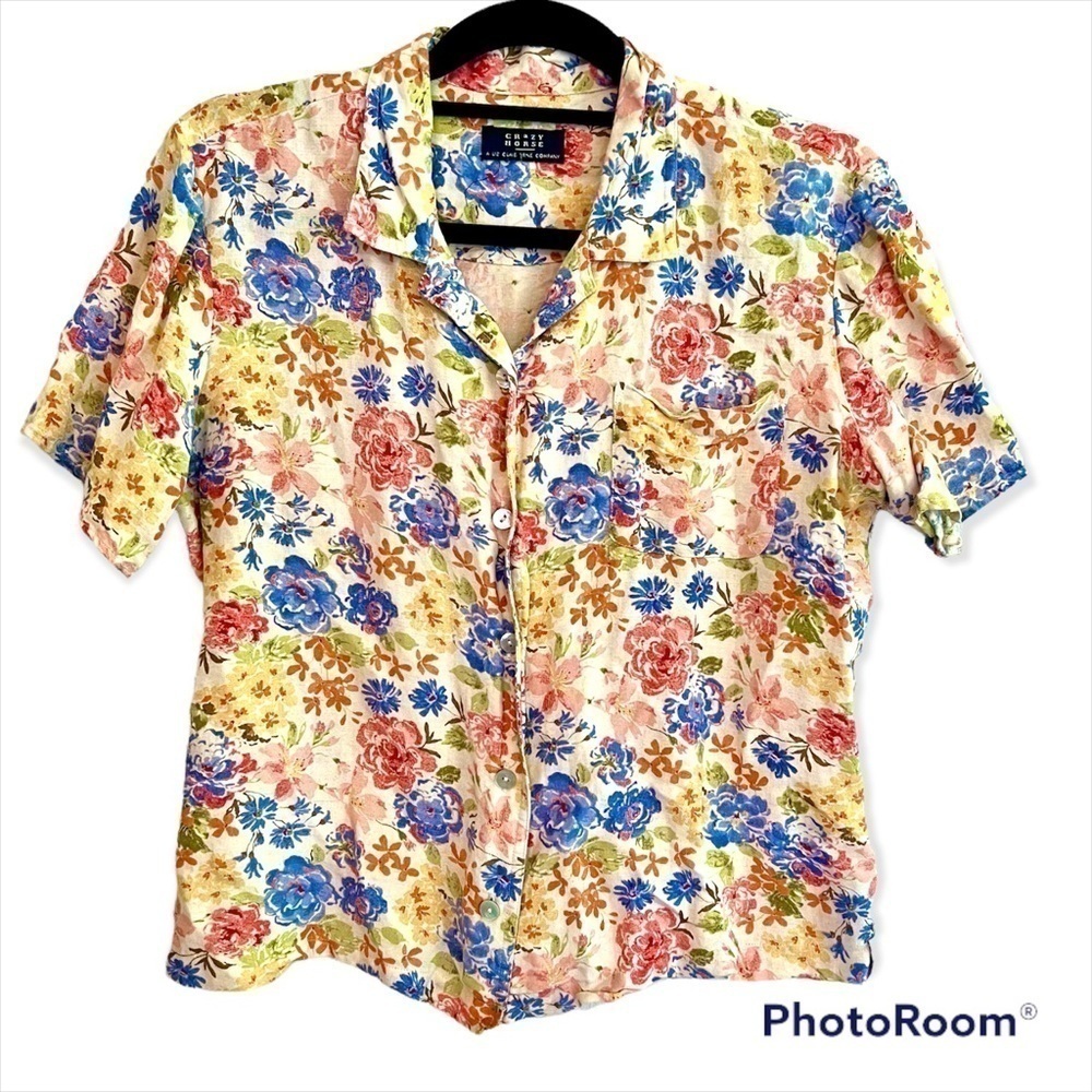 Crazy Horse Liz Claiborne Large Floral Linen Blouse Vintage